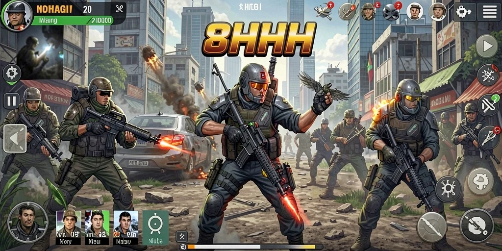 Tampilan utama gameplay 8HHH yang menegangkan dan strategis.