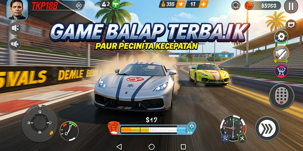 Screenshot TKP188 menampilkan aksi balap mendebarkan di sirkuit yang menantang.